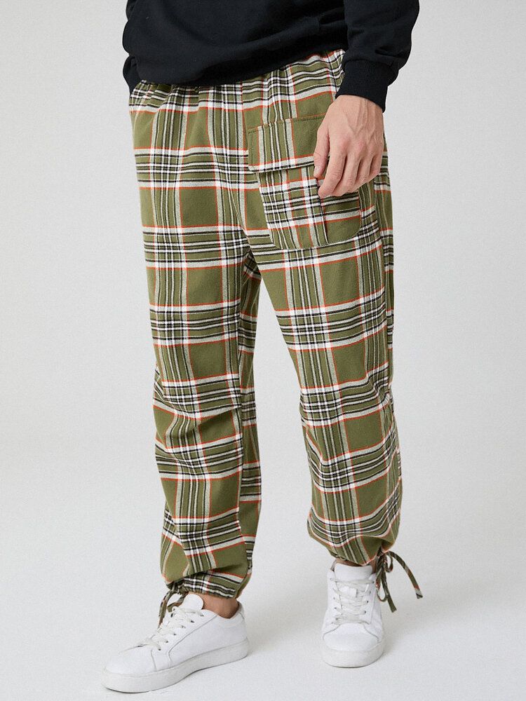 Pantalones De Chándal De Cintura Elástica Con Cordones Casuales De Varios Bolsillos A Cuadros De Algodón Para Hombre