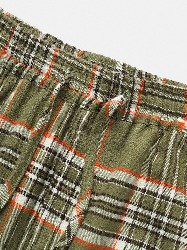 Pantalones De Chándal De Cintura Elástica Con Cordones Casuales De Varios Bolsillos A Cuadros De Algodón Para Hombre