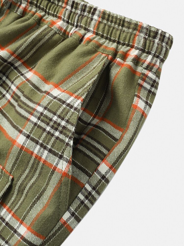 Pantalones De Chándal De Cintura Elástica Con Cordones Casuales De Varios Bolsillos A Cuadros De Algodón Para Hombre