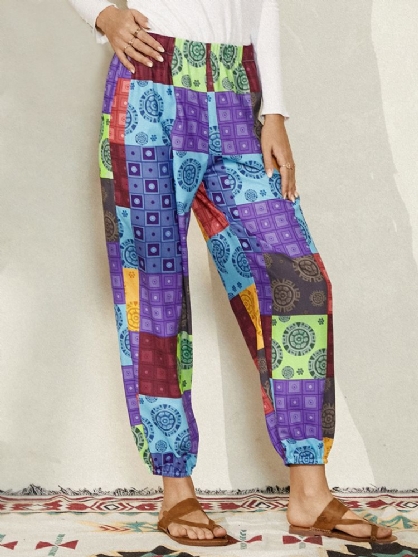 Pantalones De Chándal De Cintura Elástica Con Estampado De Estilo Étnico Con Bloques De Color Para Mujer