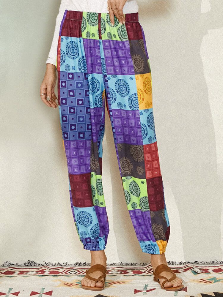 Pantalones De Chándal De Cintura Elástica Con Estampado De Estilo Étnico Con Bloques De Color Para Mujer