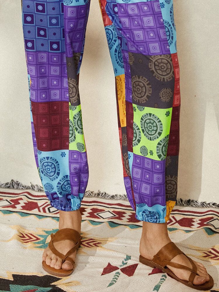 Pantalones De Chándal De Cintura Elástica Con Estampado De Estilo Étnico Con Bloques De Color Para Mujer