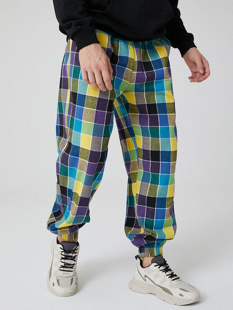 Pantalones De Chándal Con Cordón A Cuadros Coloridos Para Hombre Con Bolsillo