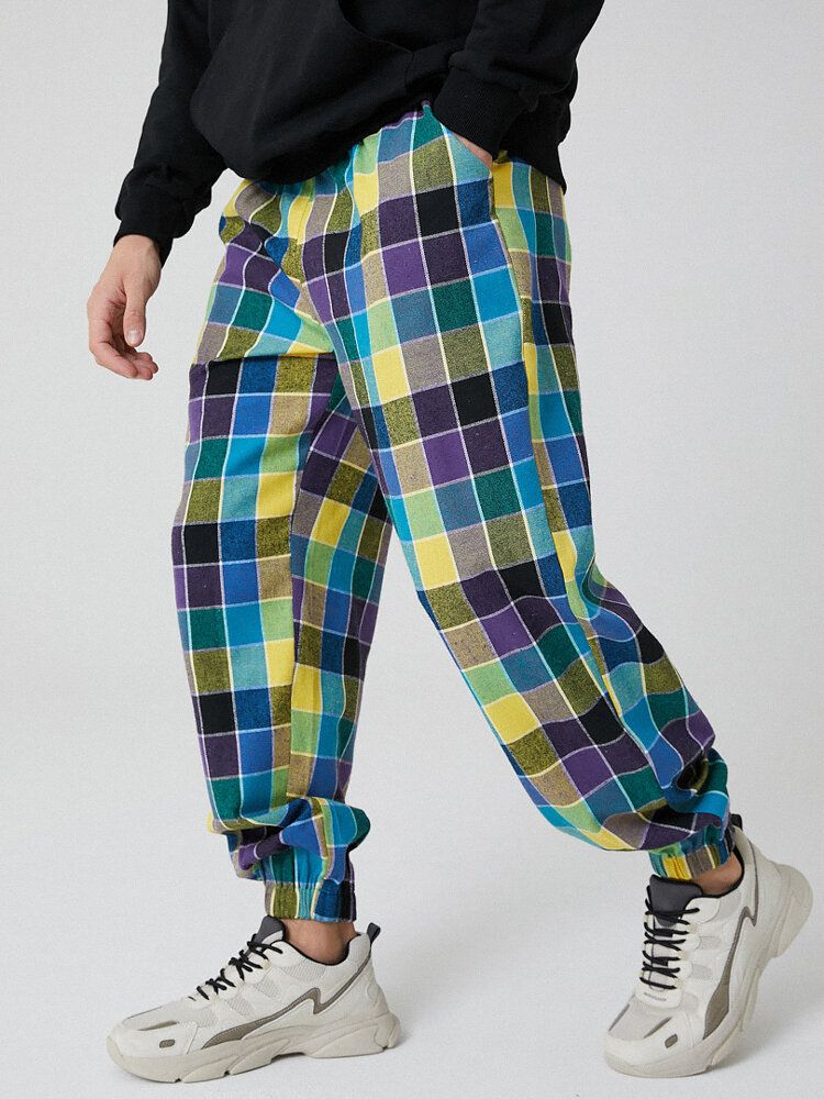 Pantalones De Chándal Con Cordón A Cuadros Coloridos Para Hombre Con Bolsillo