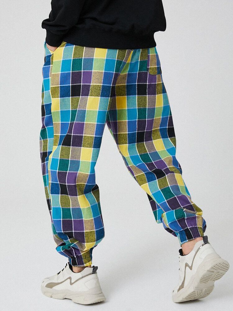 Pantalones De Chándal Con Cordón A Cuadros Coloridos Para Hombre Con Bolsillo