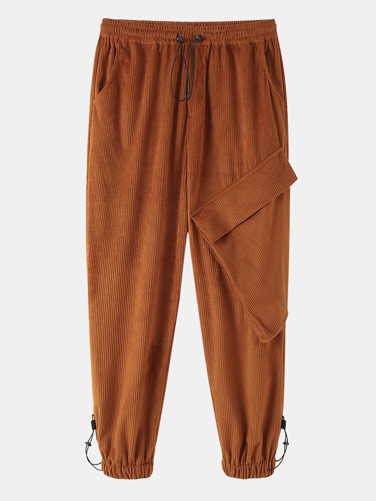 Pantalones De Chándal Con Cordón De Bolsillo De Parche Grande Con Textura De Color Sólido Para Hombre