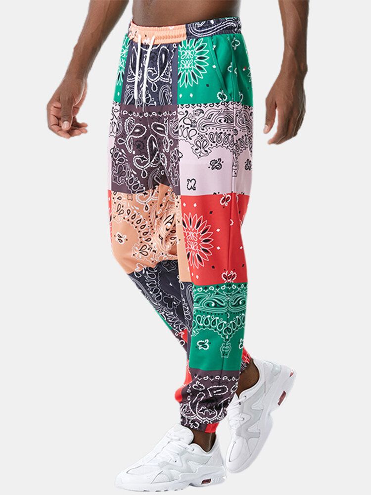 Pantalones De Chándal Con Cordón De Casaul Con Estampado De Paisley Y Bloques De Color Para Hombre Con Bolsillo