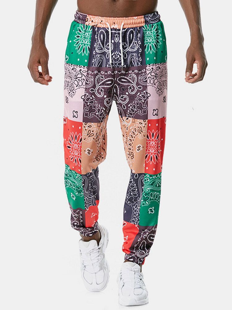 Pantalones De Chándal Con Cordón De Casaul Con Estampado De Paisley Y Bloques De Color Para Hombre Con Bolsillo