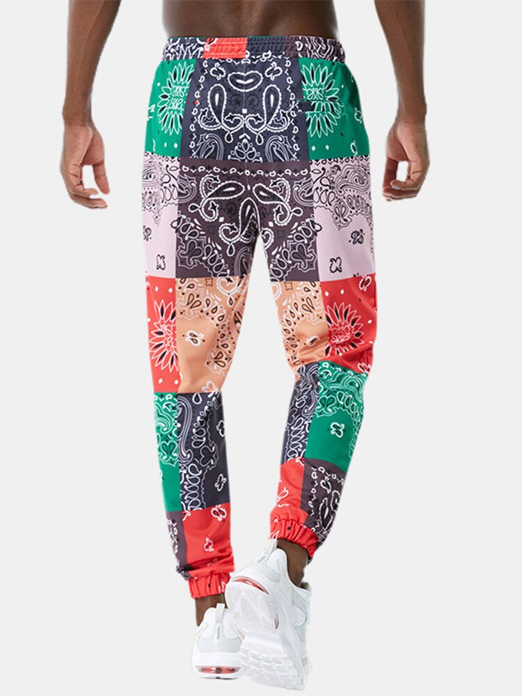 Pantalones De Chándal Con Cordón De Casaul Con Estampado De Paisley Y Bloques De Color Para Hombre Con Bolsillo