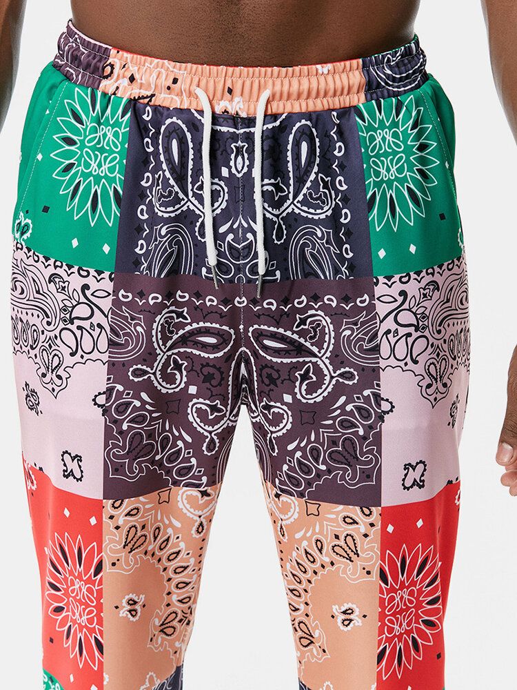 Pantalones De Chándal Con Cordón De Casaul Con Estampado De Paisley Y Bloques De Color Para Hombre Con Bolsillo