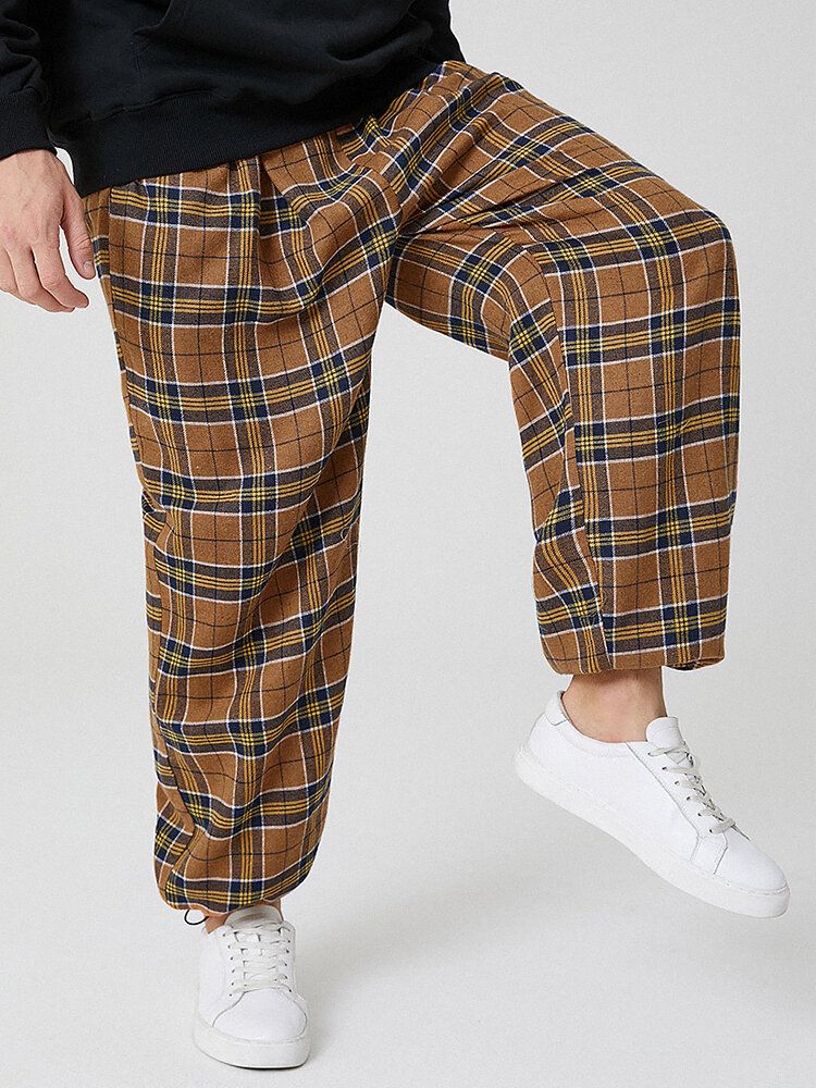 Pantalones De Chándal Con Cordón De Cintura Elástica De Algodón A Cuadros Vintage Para Hombre