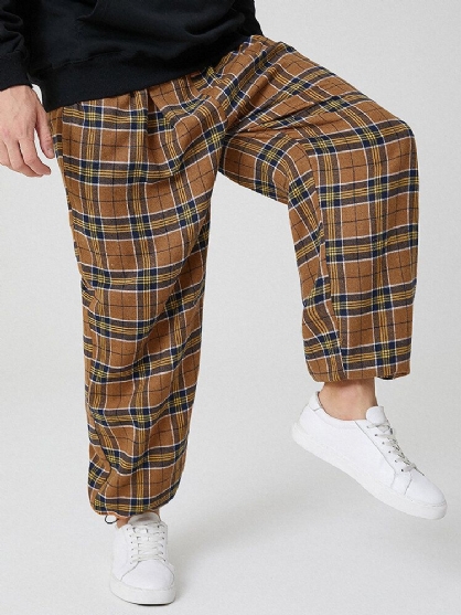 Pantalones De Chándal Con Cordón De Cintura Elástica De Algodón A Cuadros Vintage Para Hombre