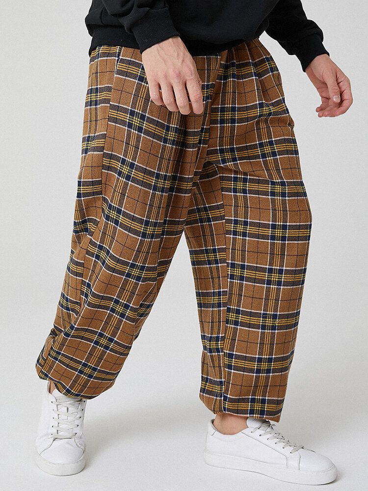 Pantalones De Chándal Con Cordón De Cintura Elástica De Algodón A Cuadros Vintage Para Hombre