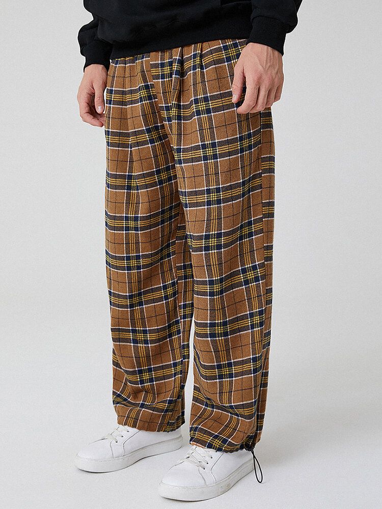 Pantalones De Chándal Con Cordón De Cintura Elástica De Algodón A Cuadros Vintage Para Hombre