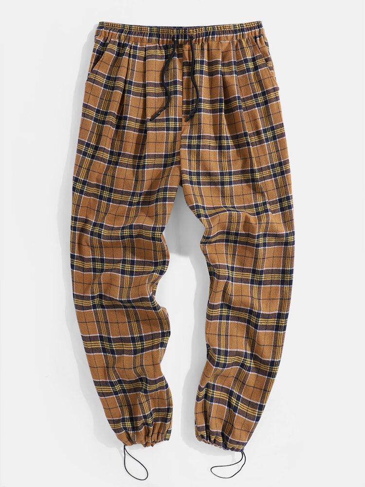 Pantalones De Chándal Con Cordón De Cintura Elástica De Algodón A Cuadros Vintage Para Hombre