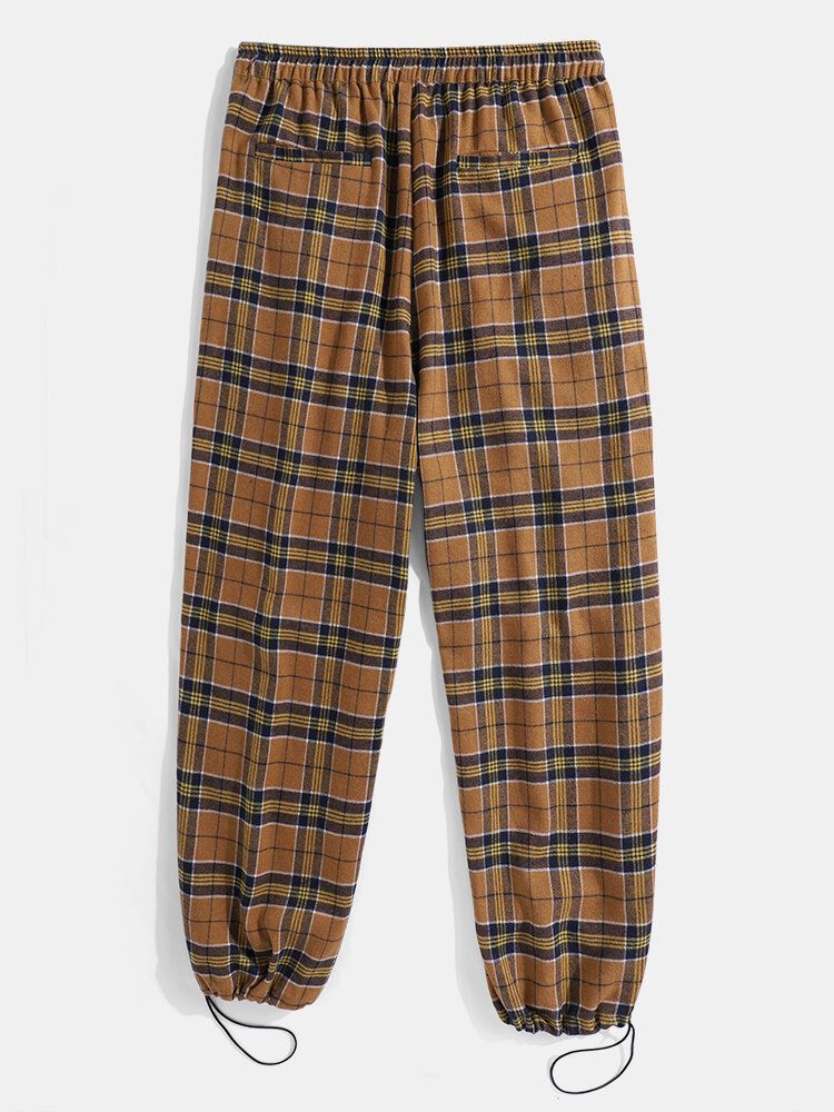 Pantalones De Chándal Con Cordón De Cintura Elástica De Algodón A Cuadros Vintage Para Hombre