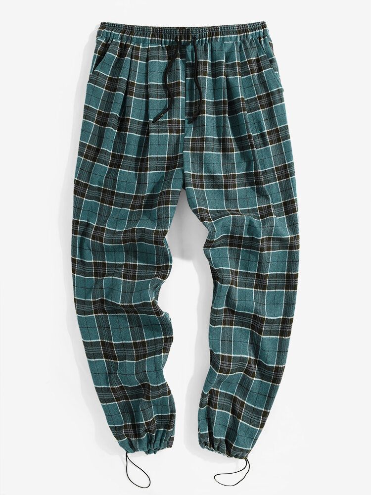 Pantalones De Chándal Con Cordón De Cintura Elástica De Algodón A Cuadros Vintage Para Hombre