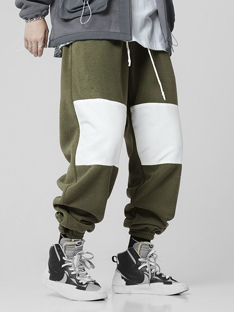 Pantalones De Chándal Con Cordón De Forro Polar De Retazos De Color En Contraste Para Hombre