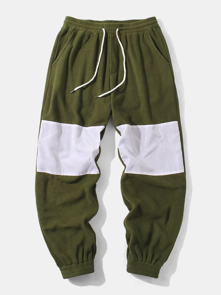 Pantalones De Chándal Con Cordón De Forro Polar De Retazos De Color En Contraste Para Hombre