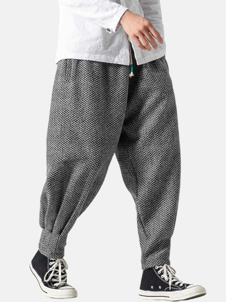 Pantalones De Chándal Con Cordón Grueso Y Cálido En Espiga Para Hombre Con Bolsillo