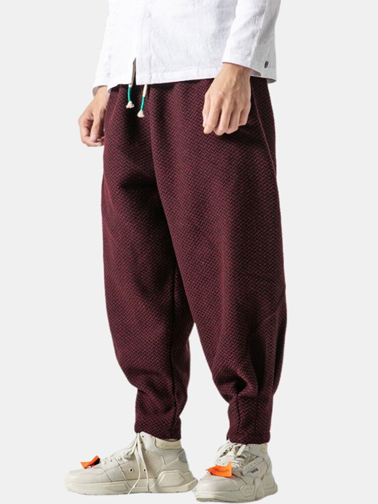 Pantalones De Chándal Con Cordón Grueso Y Cálido En Espiga Para Hombre Con Bolsillo