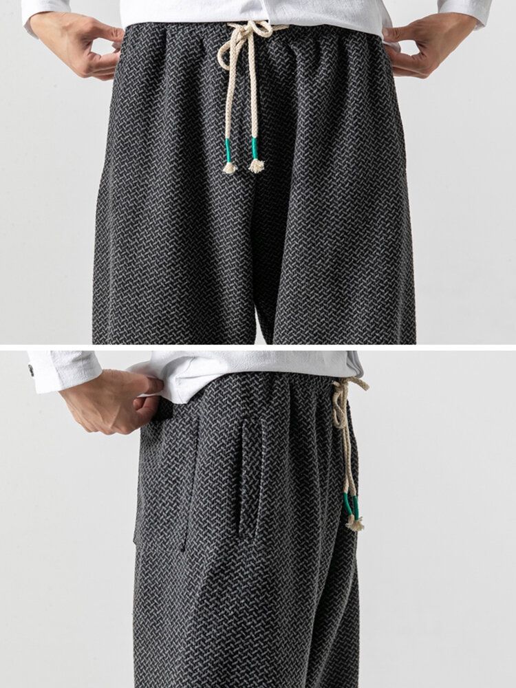 Pantalones De Chándal Con Cordón Grueso Y Cálido En Espiga Para Hombre Con Bolsillo