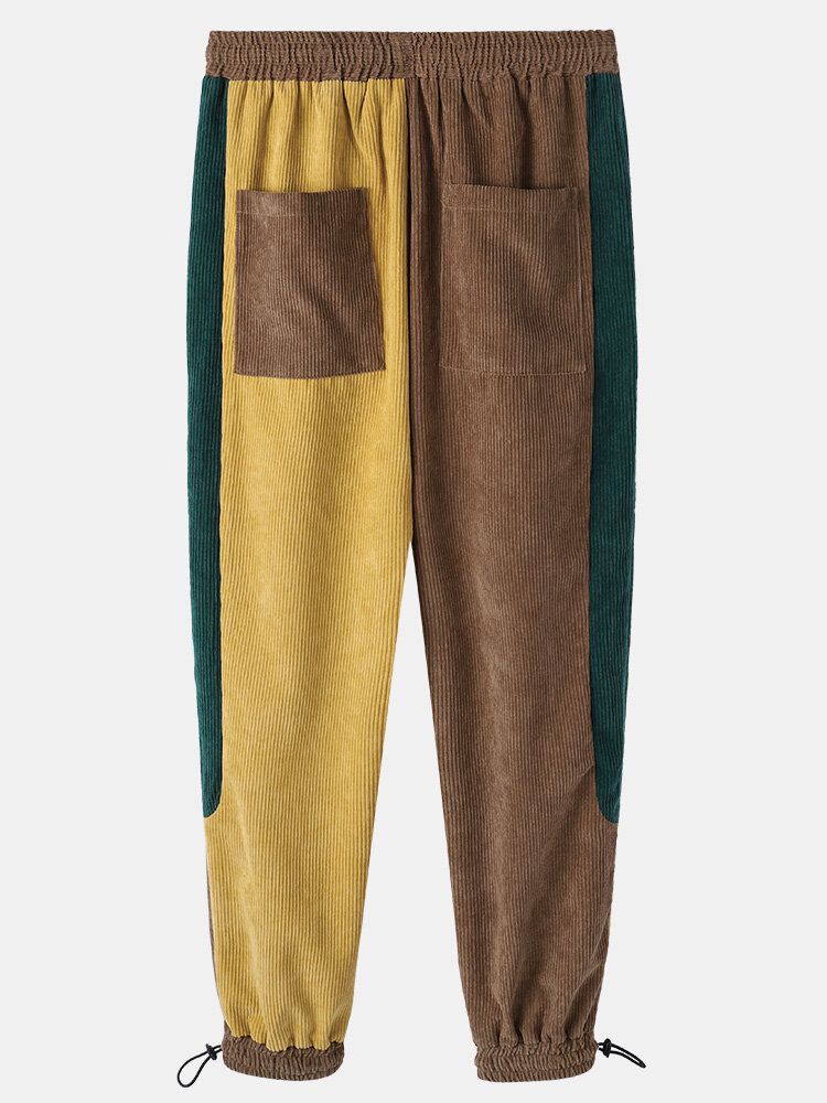 Pantalones De Chándal Con Cordón Y Bolsillo De Patchwork Tricolor De Pana Para Hombre