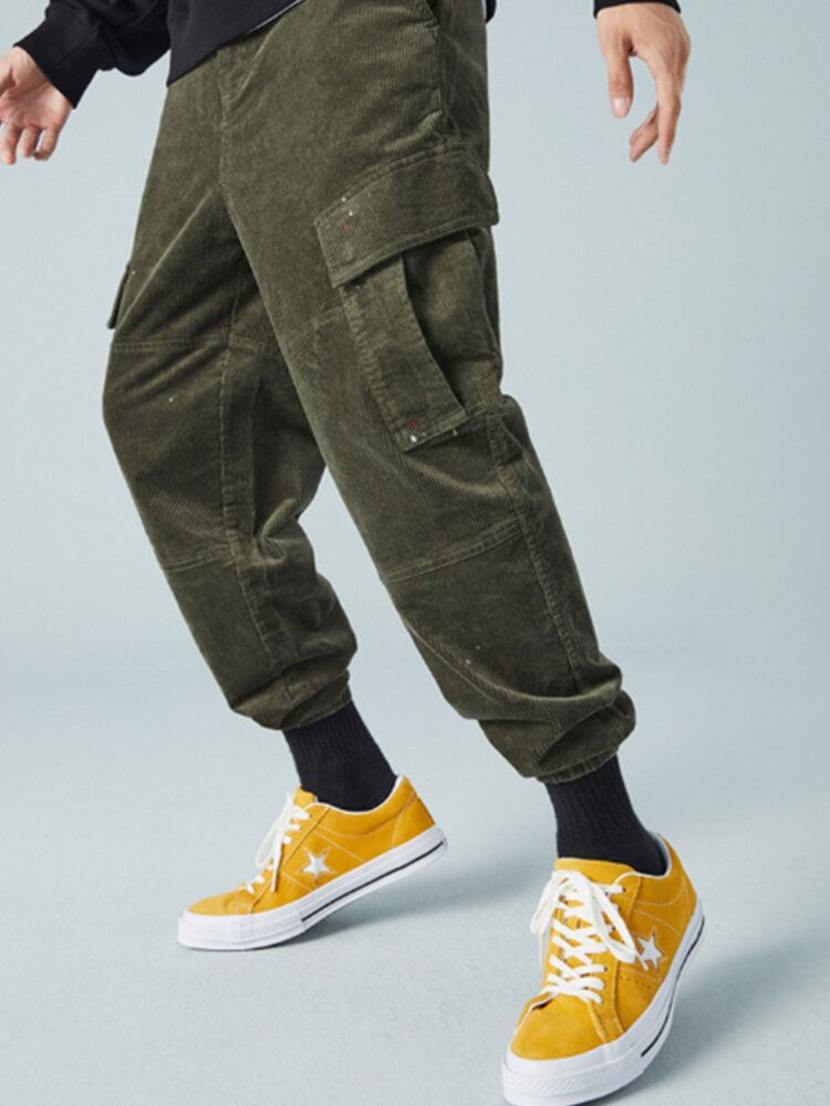 Pantalones De Chándal Con Cremallera De Color Sólido De Pana Para Hombre Con Bolsillo