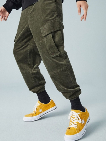 Pantalones De Chándal Con Cremallera De Color Sólido De Pana Para Hombre Con Bolsillo