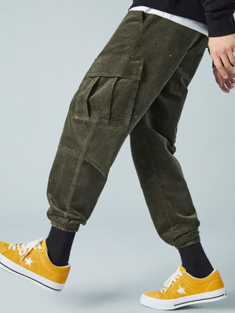 Pantalones De Chándal Con Cremallera De Color Sólido De Pana Para Hombre Con Bolsillo