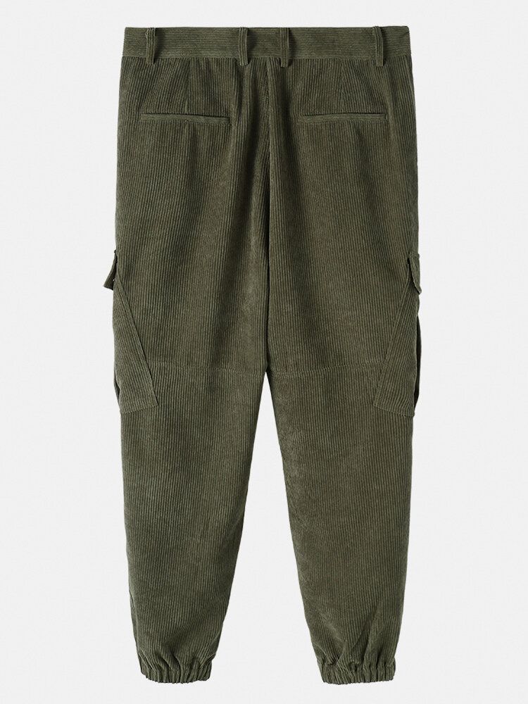 Pantalones De Chándal Con Cremallera De Color Sólido De Pana Para Hombre Con Bolsillo