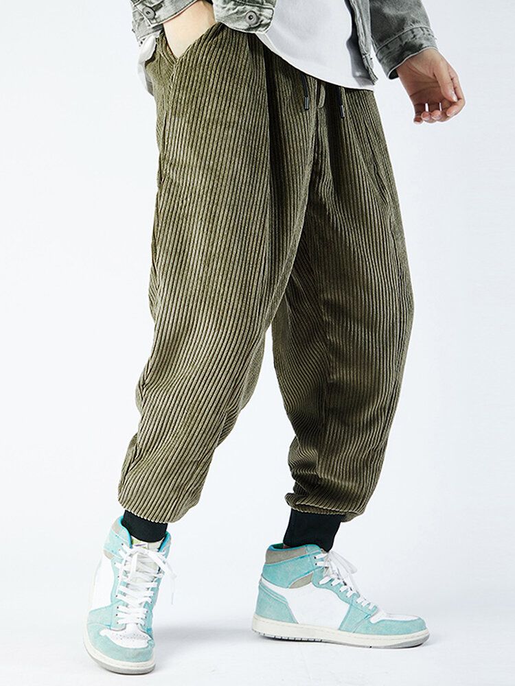 Pantalones De Chándal Con Puños Casuales De Cintura Con Cordón De Pana Para Hombre Con Bolsillo