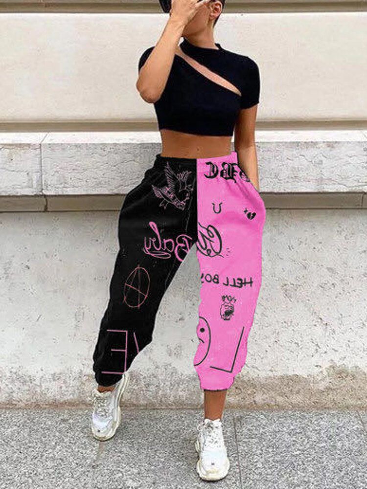 Pantalones De Chándal Harem De Cintura Elástica Con Bloques De Color De Dos Tonos Para Mujer