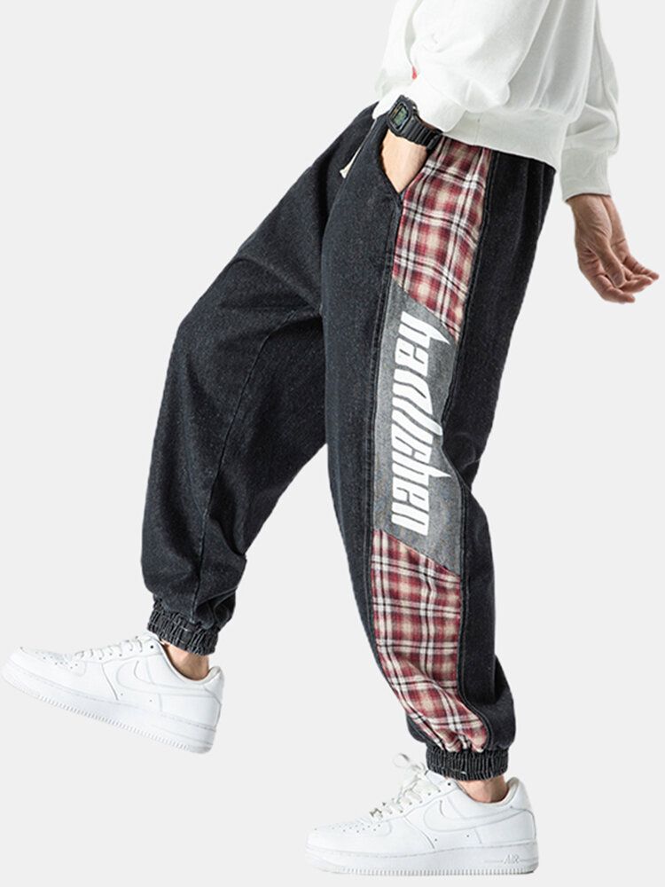 Pantalones De Chándal De Mezclilla Con Cordón Informal Estampados Con Letras De Retazos A Cuadros Laterales Para Hombre