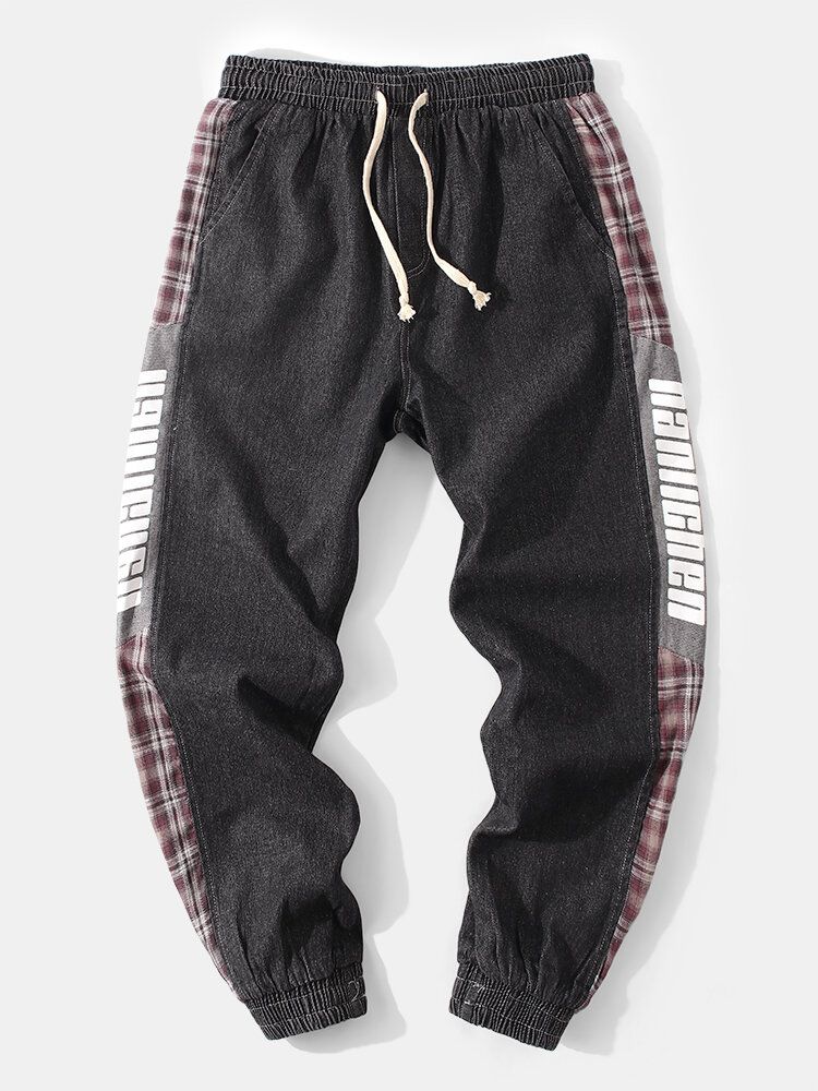 Pantalones De Chándal De Mezclilla Con Cordón Informal Estampados Con Letras De Retazos A Cuadros Laterales Para Hombre