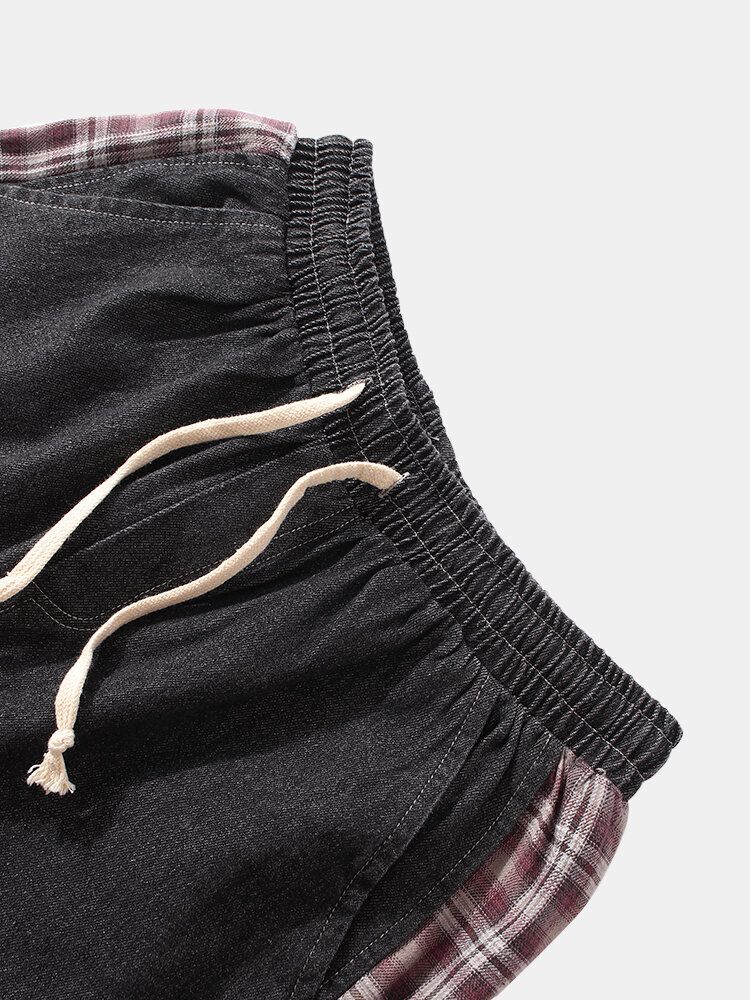 Pantalones De Chándal De Mezclilla Con Cordón Informal Estampados Con Letras De Retazos A Cuadros Laterales Para Hombre