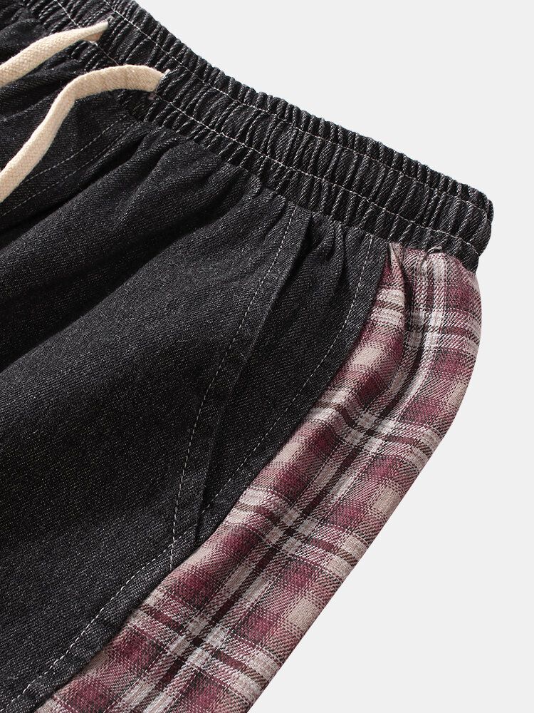 Pantalones De Chándal De Mezclilla Con Cordón Informal Estampados Con Letras De Retazos A Cuadros Laterales Para Hombre