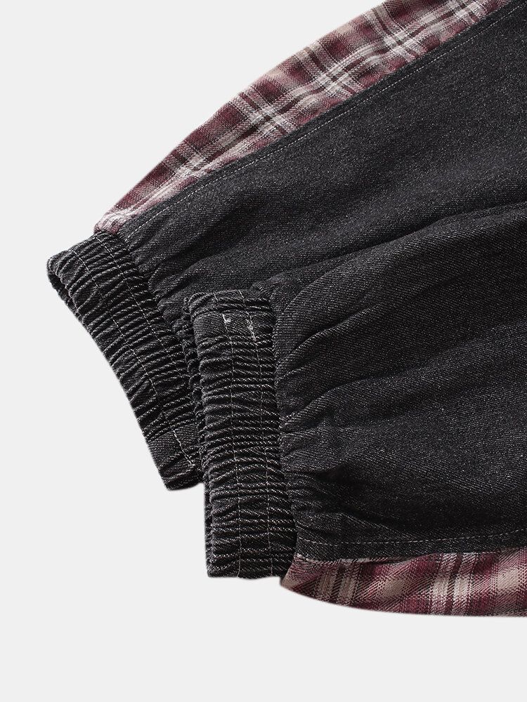 Pantalones De Chándal De Mezclilla Con Cordón Informal Estampados Con Letras De Retazos A Cuadros Laterales Para Hombre