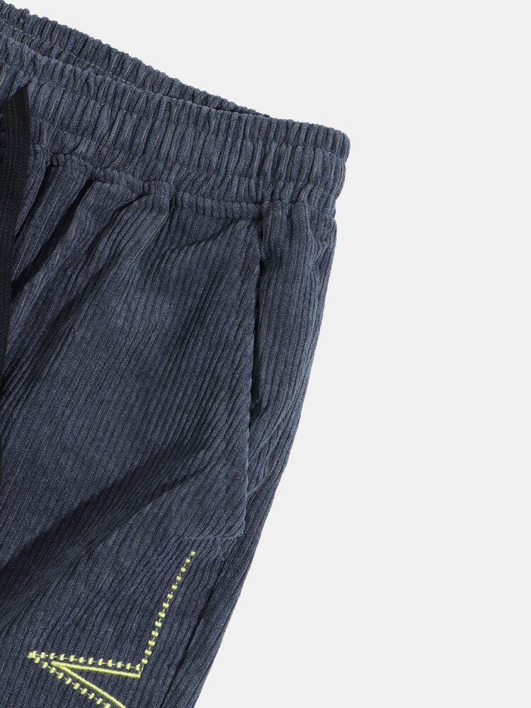 Pantalones De Chándal De Pana Con Cordones Bordados Para Hombre Con Bolsillo