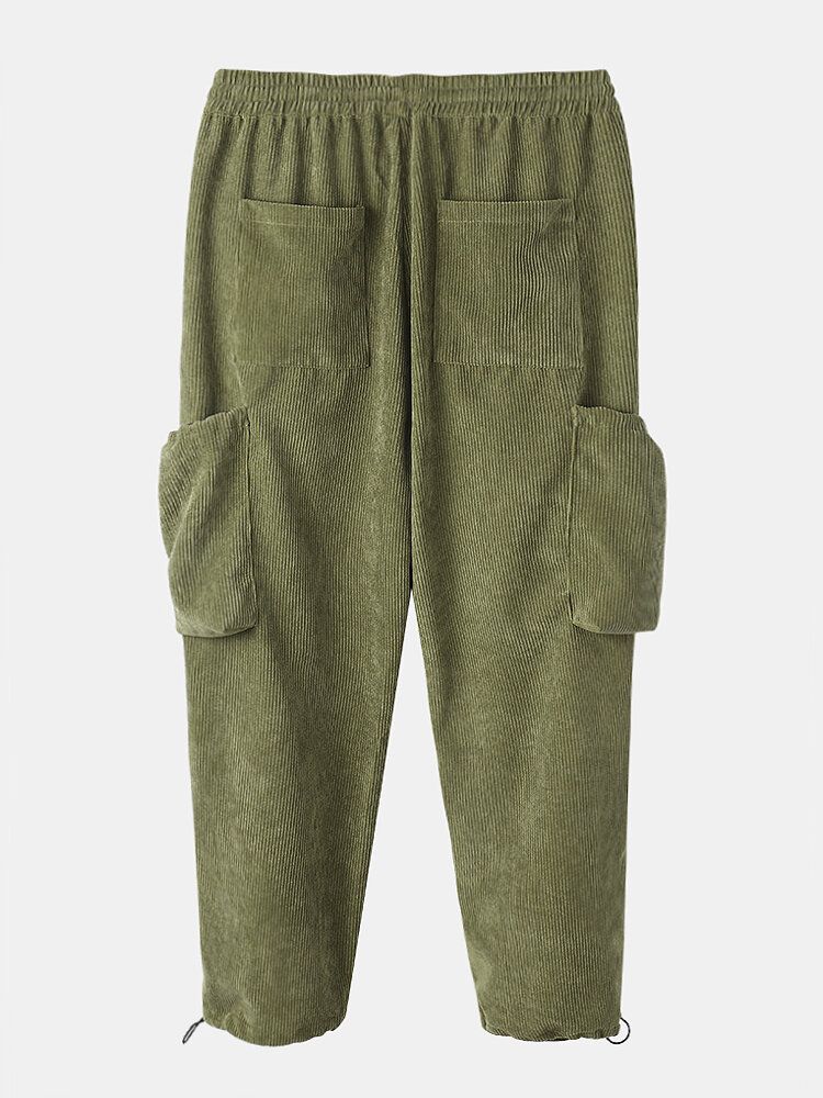 Pantalones De Chándal De Pana Con Múltiples Bolsillos Lisos Y Casuales Con Cordón Para Hombre