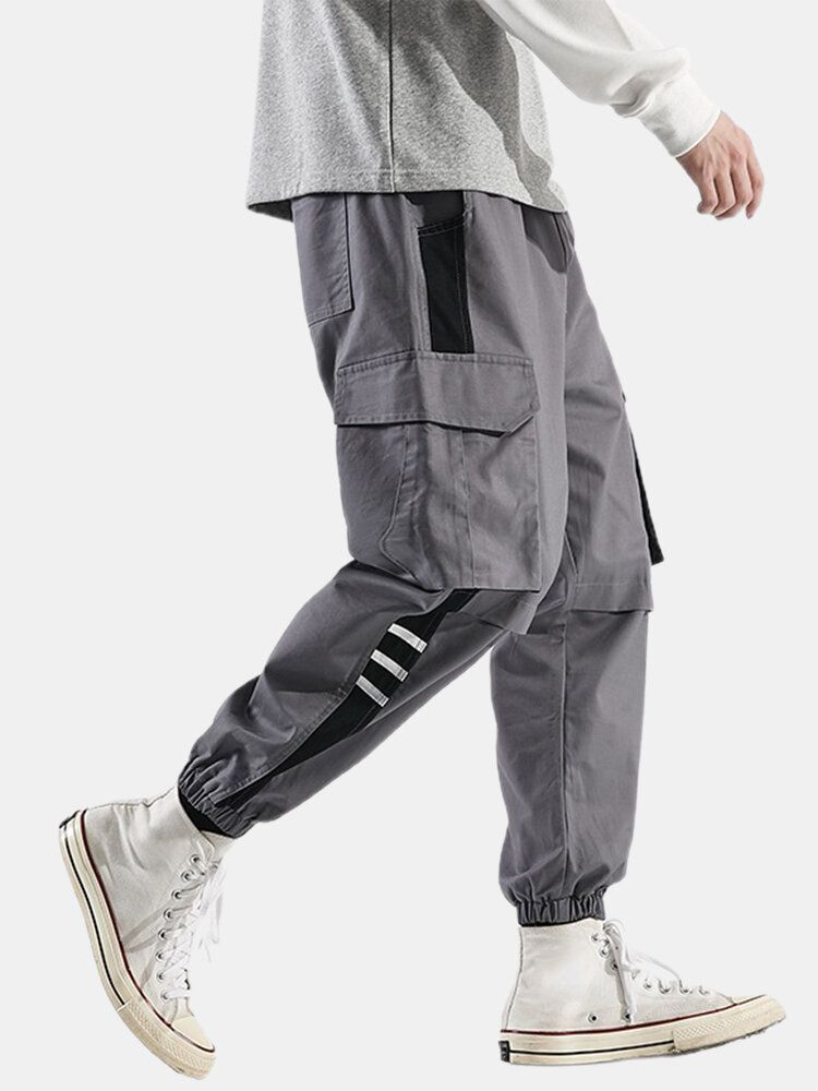 Pantalones De Chándal Tipo Cargo Con Puños Y Cordón De Algodón A Rayas Laterales Para Hombre