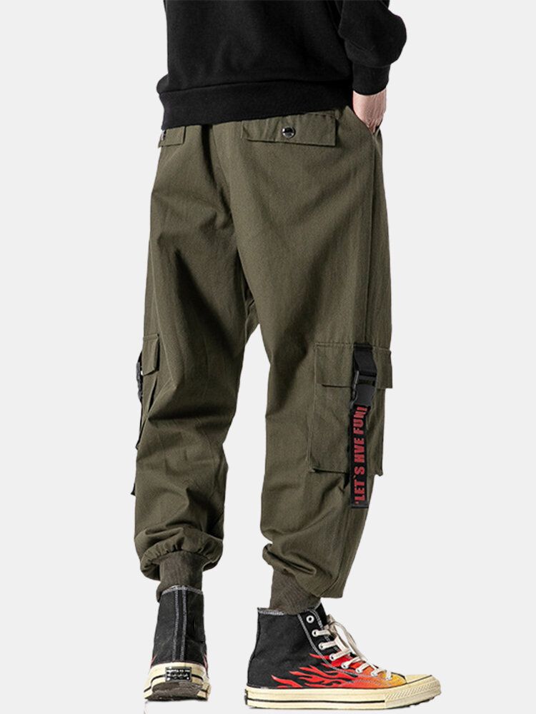 Pantalones De Chándal Tipo Cargo Con Puños Y Cordón De Algodón Con Bolsillo Con Hebilla Y Estampado De Letras Para Hombre