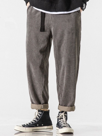 Pantalones De Cintura Con Hebilla De Empuje Casual De Color Sólido De Pana Para Hombre