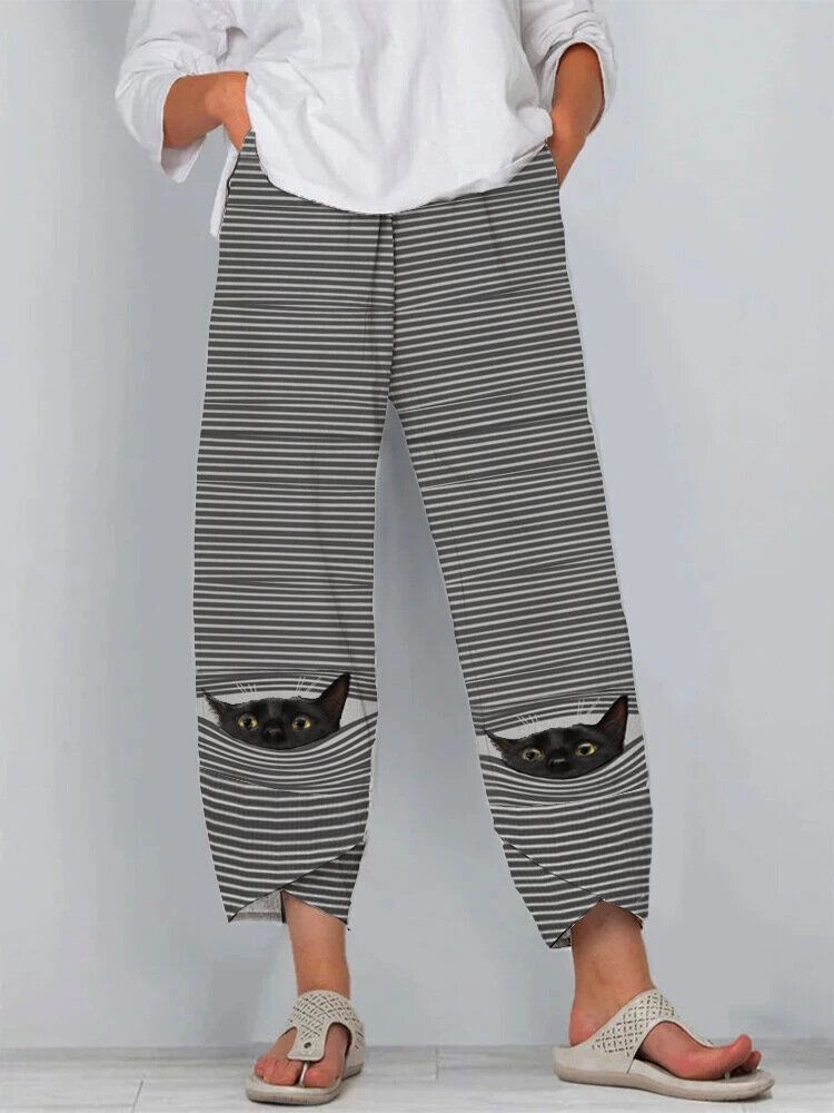 Pantalones De Cintura Elástica Casual Con Estampado De Rayas De Gato Lindo Para Mujer Con Bolsillo