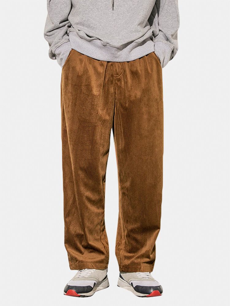 Pantalones De Cintura Elástica Casual Sueltos Sólidos Con Apliques De Algodón De Pana Para Hombre