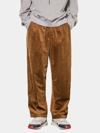 Pantalones De Cintura Elástica Casual Sueltos Sólidos Con Apliques De Algodón De Pana Para Hombre