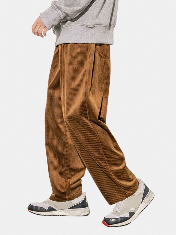 Pantalones De Cintura Elástica Casual Sueltos Sólidos Con Apliques De Algodón De Pana Para Hombre