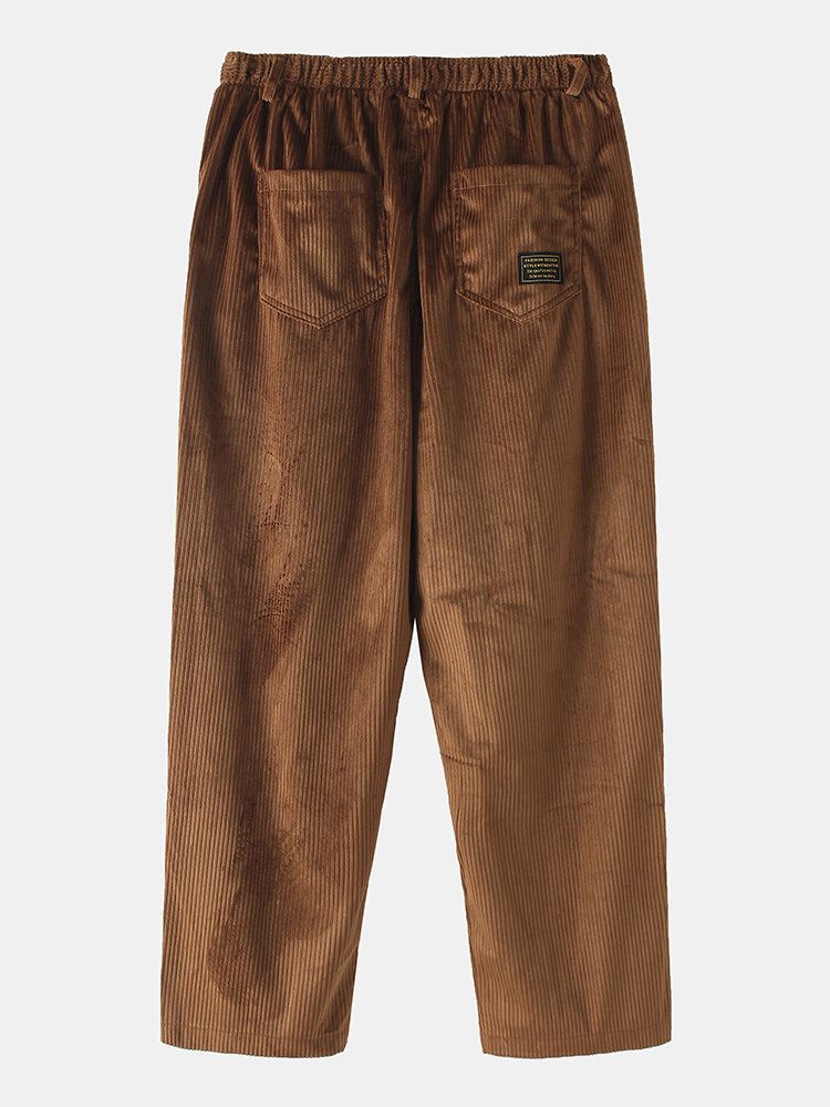 Pantalones De Cintura Elástica Casual Sueltos Sólidos Con Apliques De Algodón De Pana Para Hombre