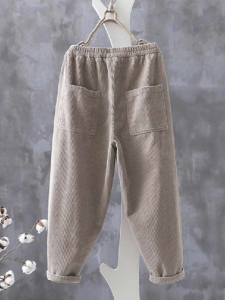 Pantalones De Cintura Elástica Estilo Cargo De Pana Para Mujer Con Múltiples Bolsillos