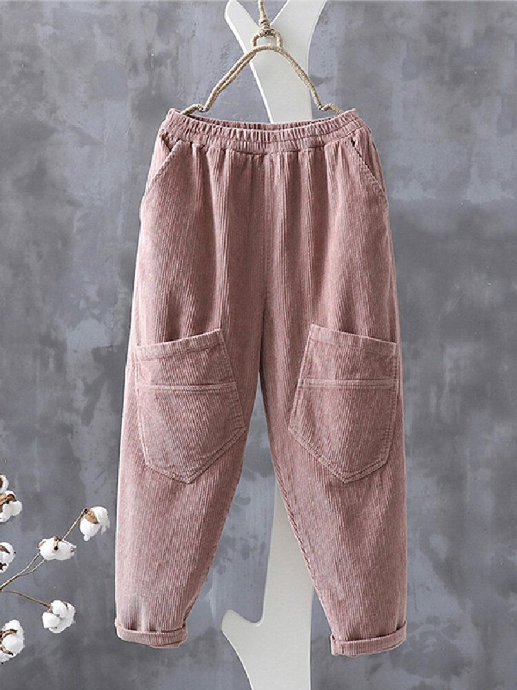 Pantalones De Cintura Elástica Estilo Cargo De Pana Para Mujer Con Múltiples Bolsillos